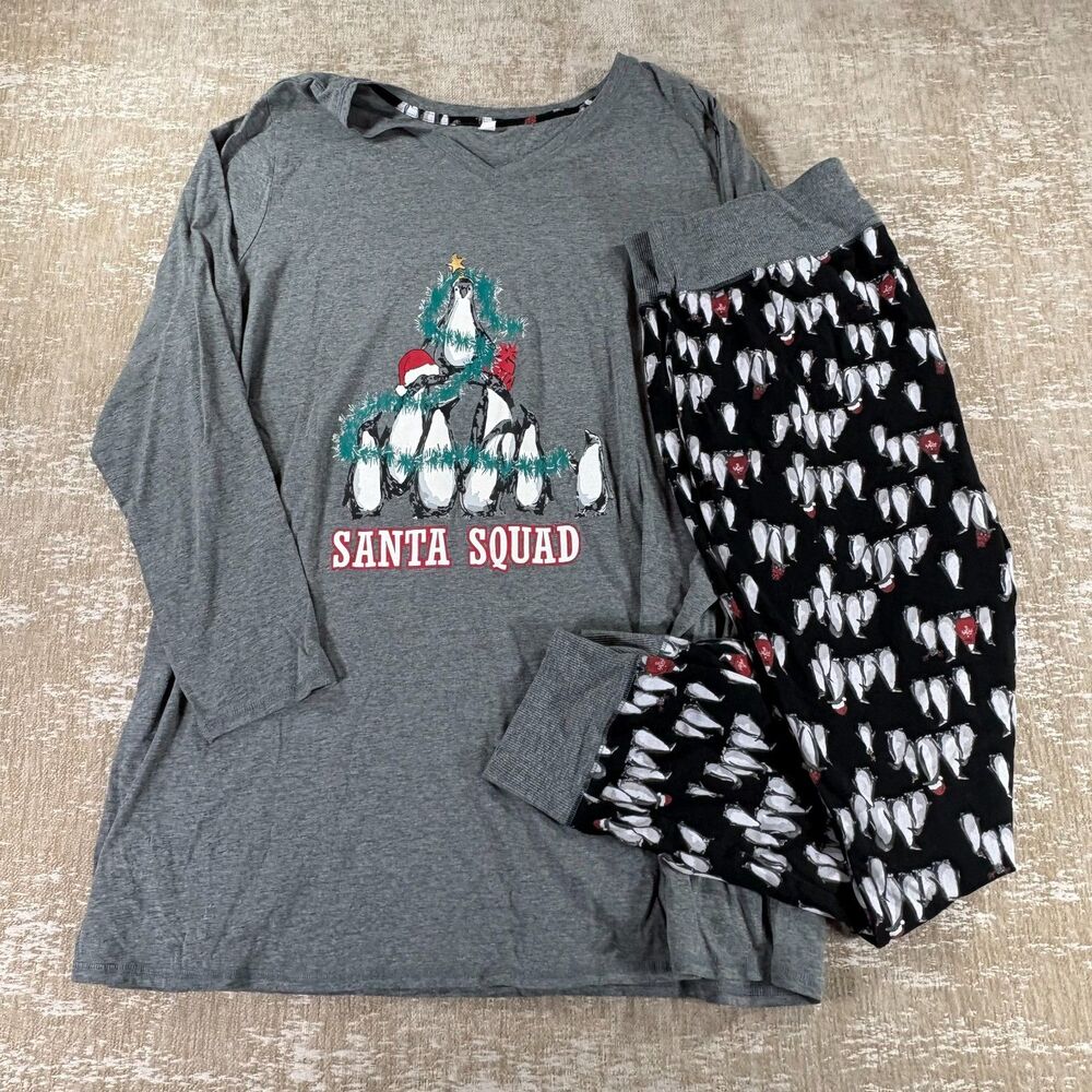 Lane Bryant Cacique Santa Squad Penguin Pajama Set Gray Black Plus Size 18/20
